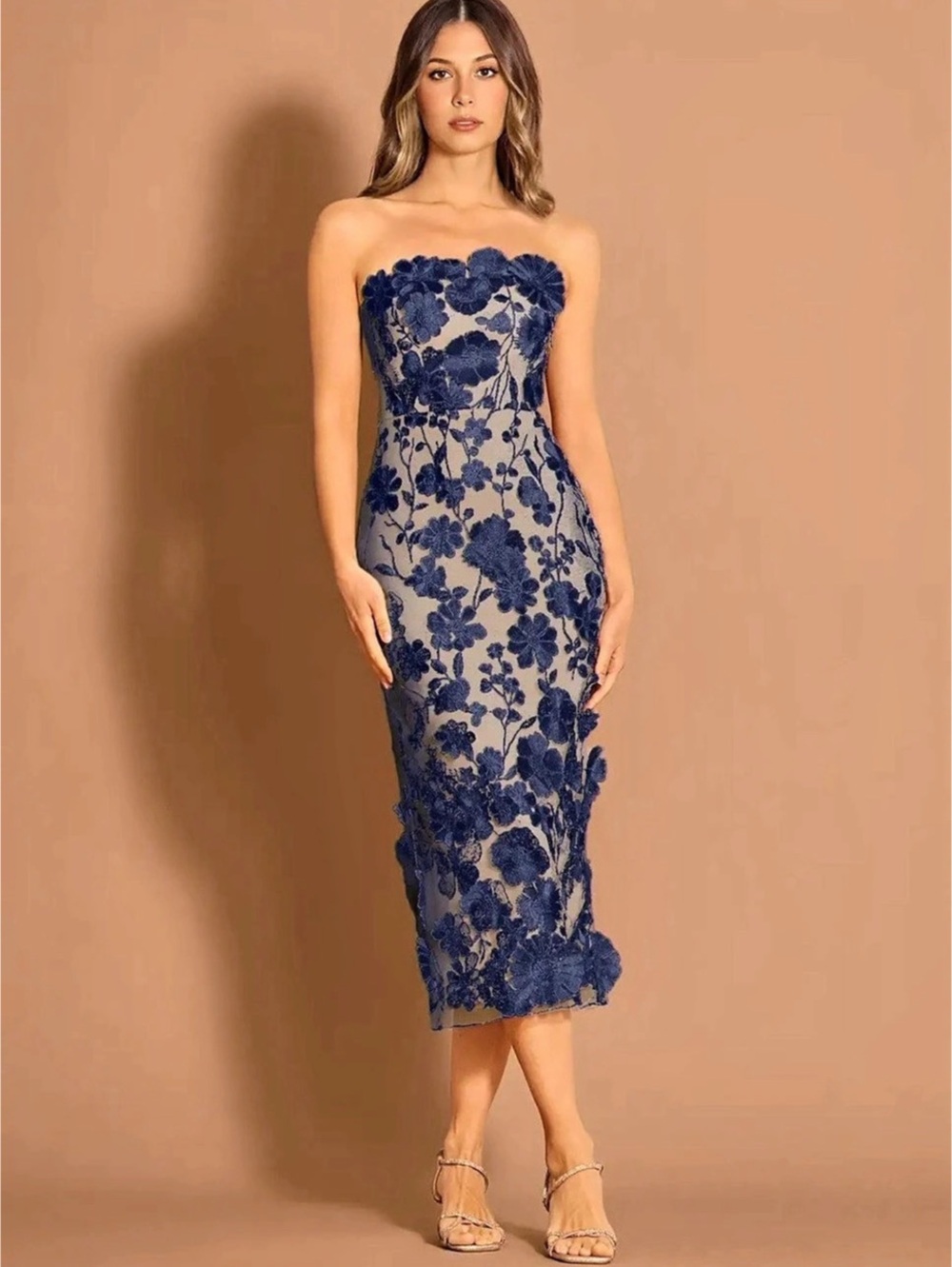 Azazie Strapless Floral Embroidered Midi Dress in Blue & Nude New with Tags NWT